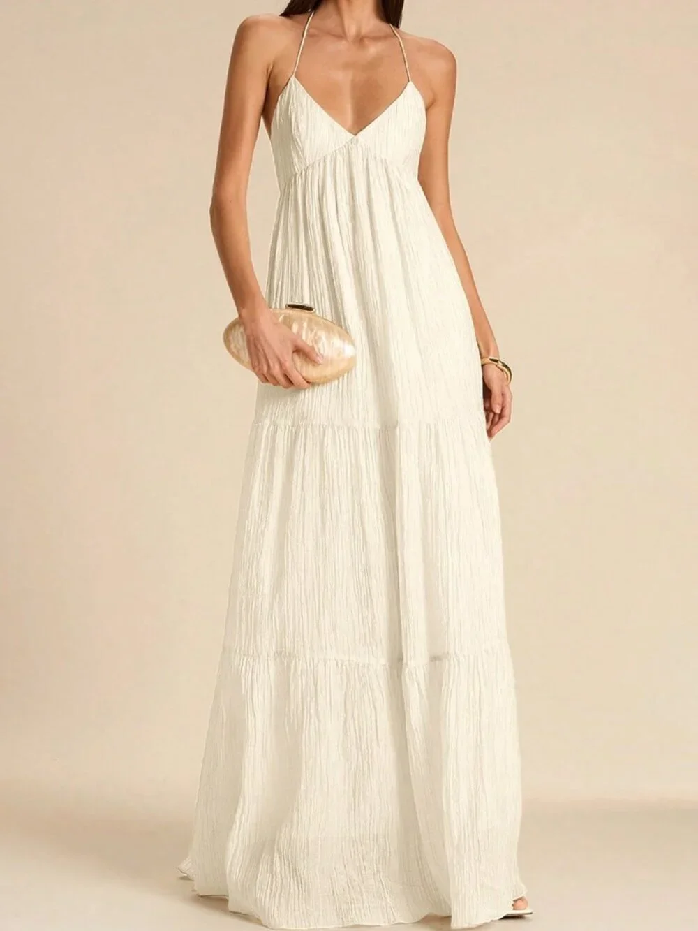 Apricot Boho Spaghetti Strap Women's Backless Tie Bow Pleated Dress